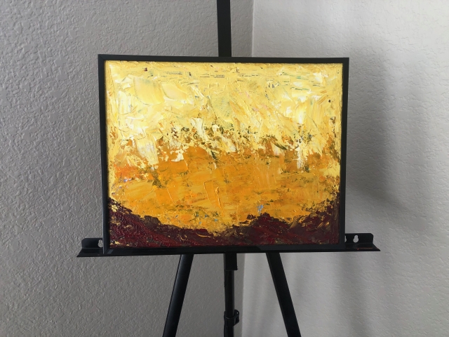 Abstract painting with horizon shades of yellow and dark red